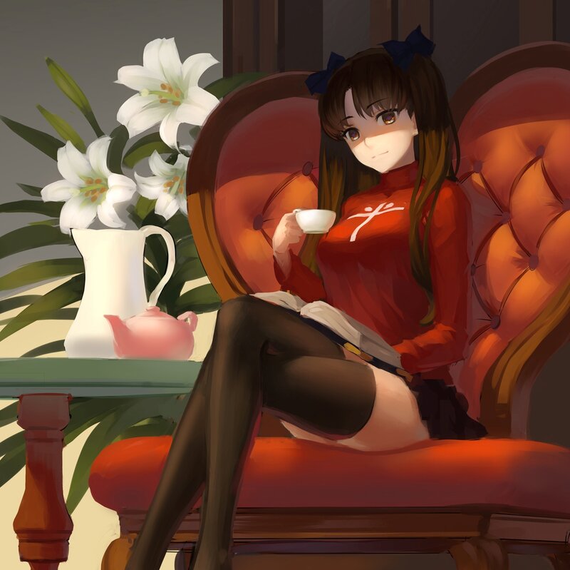 Anime Girl Drinking Tea — Red, Calm