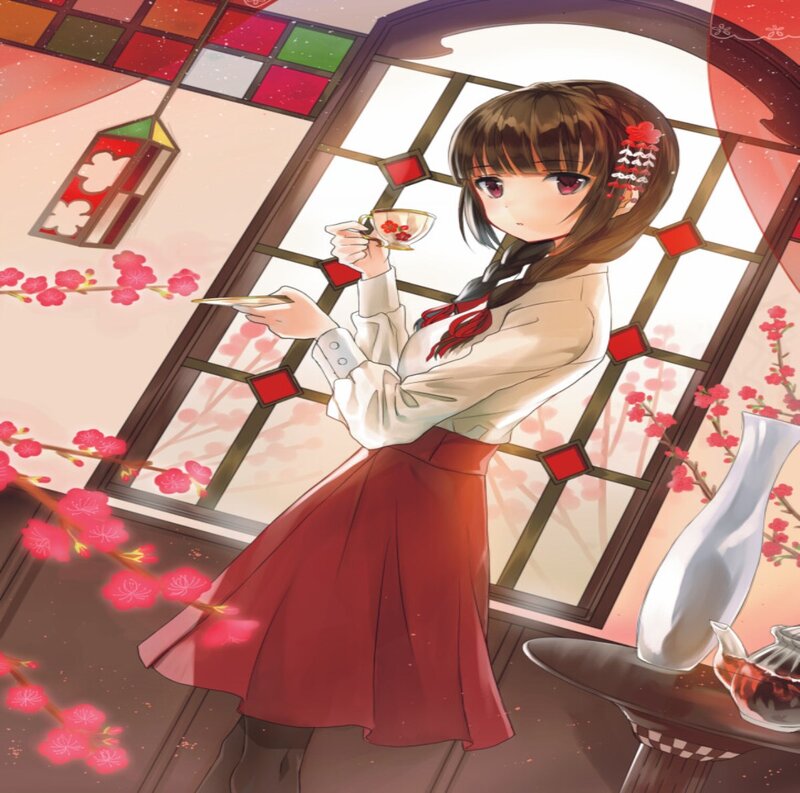Anime Girl Drinking Tea — Red, Serene