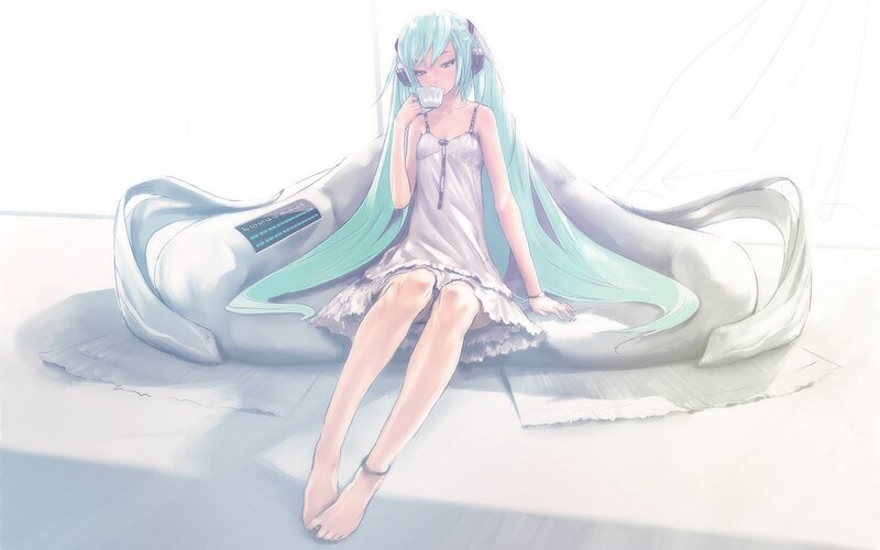 Anime Girl Drinking Tea — White, Calm, Digital Art, Headphones, Cup