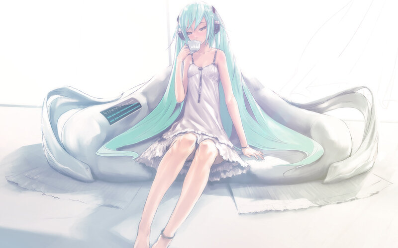 Anime Girl Drinking Tea — White, Calm, Digital Art, Headphones