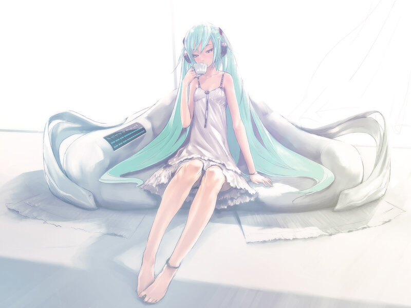 Anime Girl Drinking Tea — White, Calm