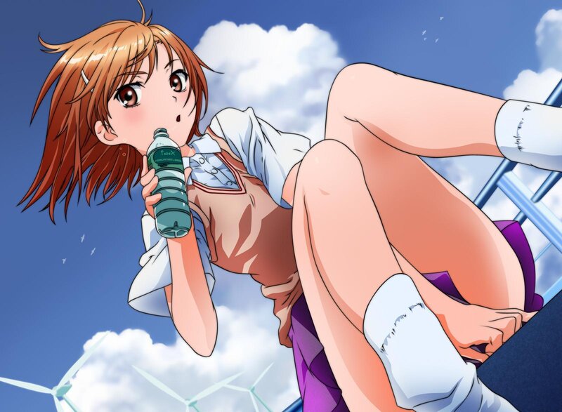 Anime Girl Drinking Water — Blue, Bright, Active, Afternoon, Wind Turbines, Clouds