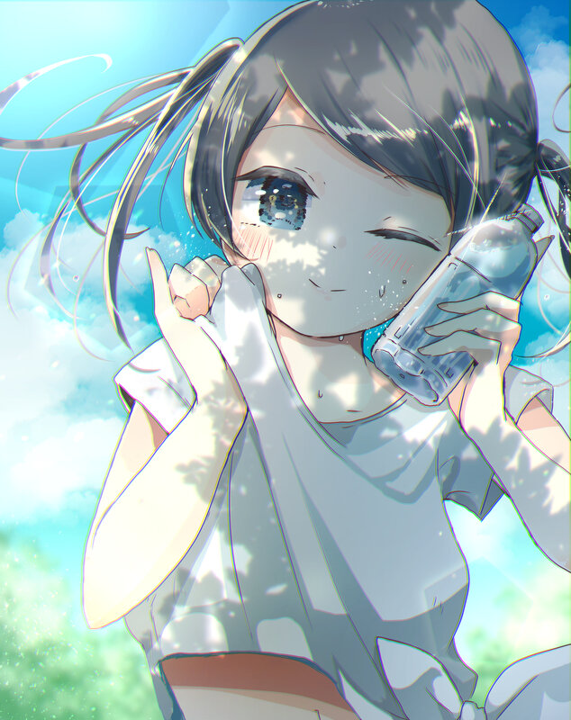Anime Girl Drinking Water — Blue, Bright, Afternoon, Water Bottle