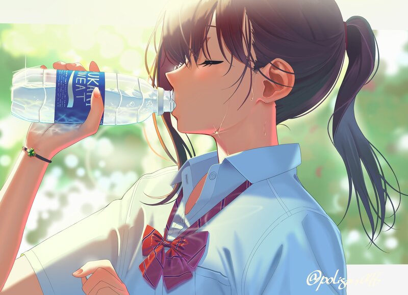 Anime Girl Drinking Water — Blue, Calm, Afternoon, Digital Art, School Uniform