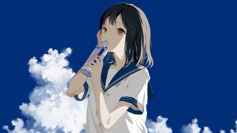 Anime Girl Drinking Water — Blue, Calm, Afternoon, Digital Art