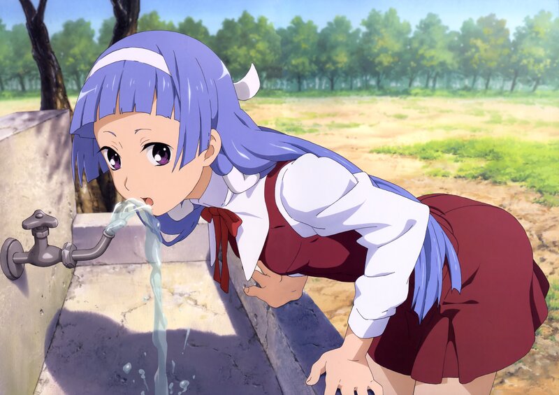 Anime Girl Drinking Water — Blue, Calm, Afternoon, Faucet