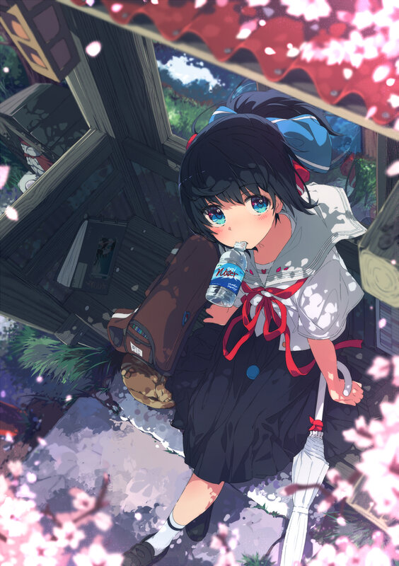 Anime Girl Drinking Water — Blue, Serene, Spring
