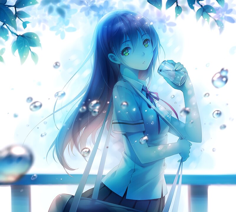Anime Girl Drinking Water — Blue, Serene