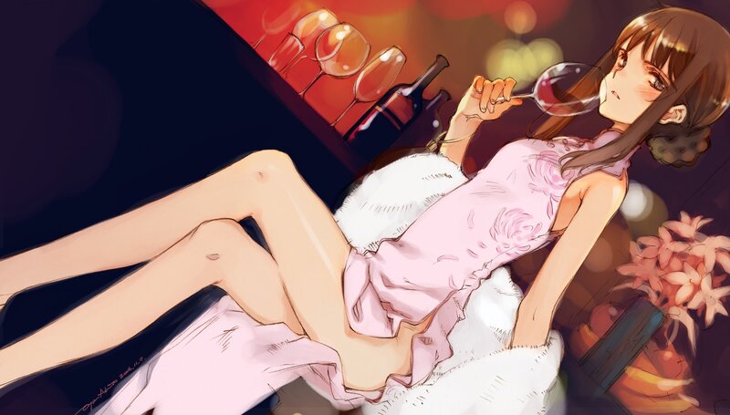 Anime girl drinking wine