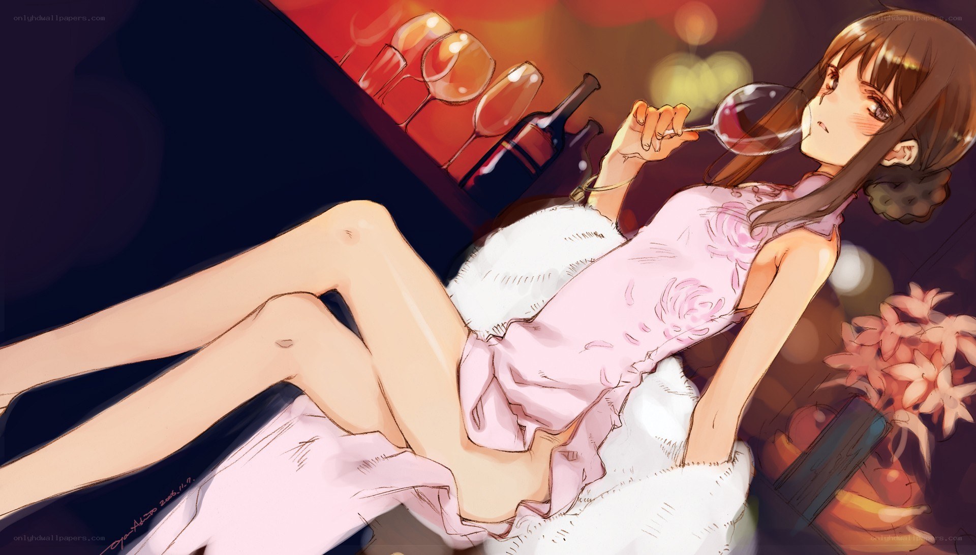 Anime girl drinking wine