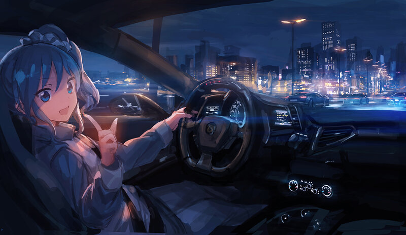 Anime Girl Driving Car — Blue, Calm