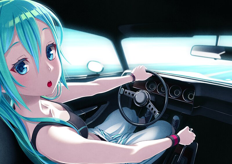 Anime Girl Driving Car — Blue, Focused