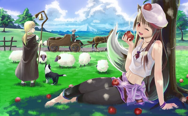 Anime girl eating apple in field