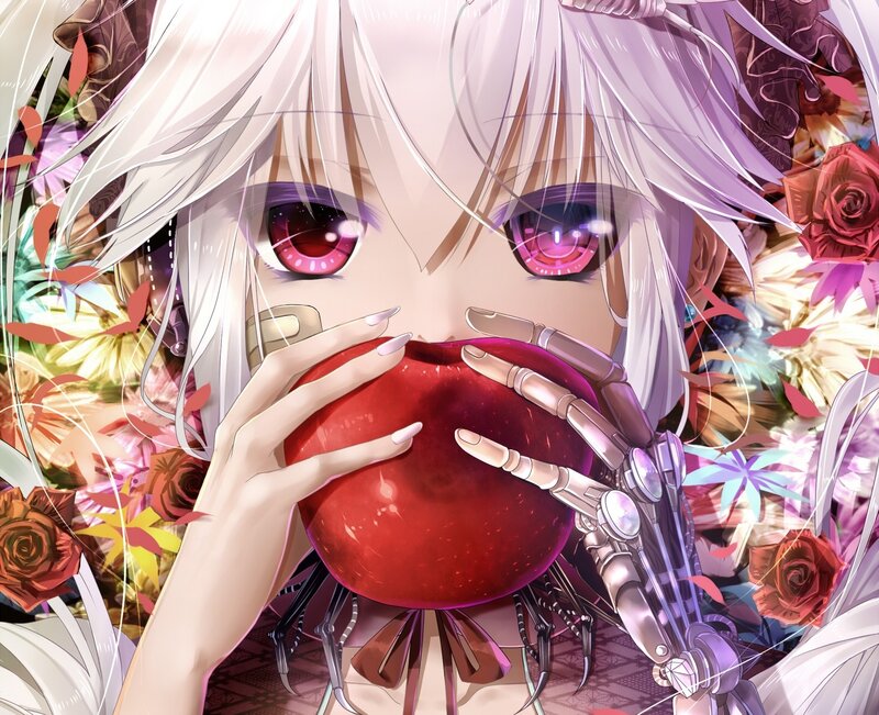 Anime Girl Eating Apple — Red, Dramatic, Digital Art
