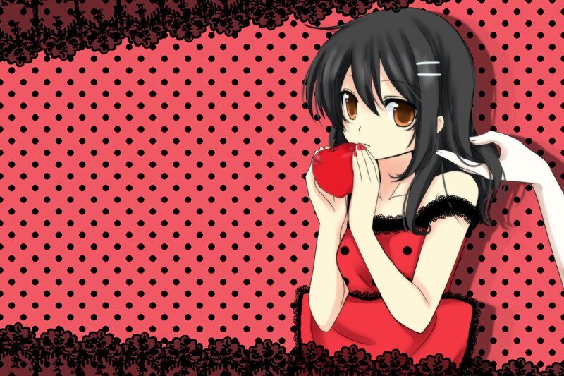 Anime Girl Eating Apple — Red, Playful, Dress