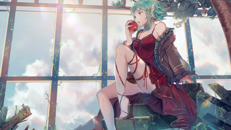 Anime Girl Eating Apple — Red, Serene