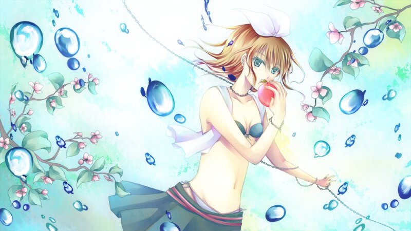 anime girl eating apple underwater