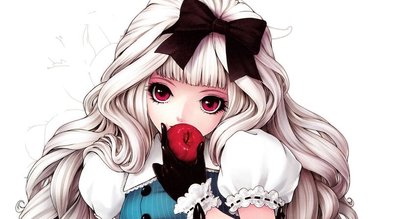 Anime Girl Eating Apple — White, Playful, Manga, Black Bow