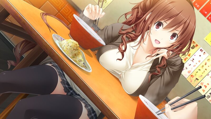 anime girl eating at a restaurant