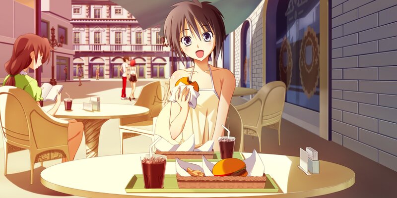 Anime girl eating at cafe