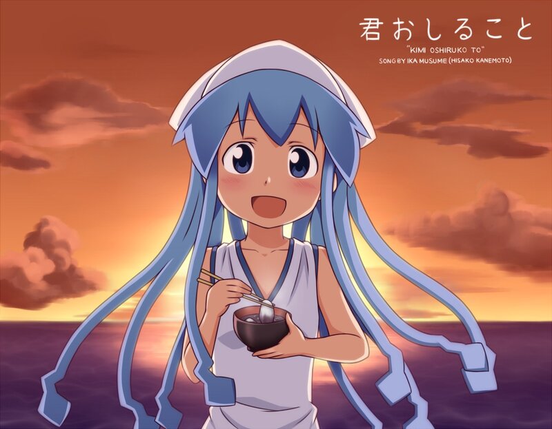 anime girl eating at sunset