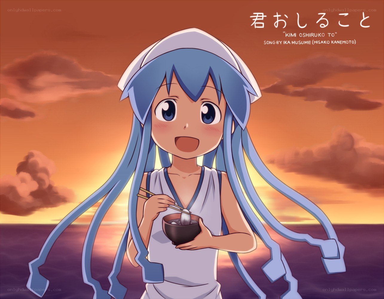 anime girl eating at sunset