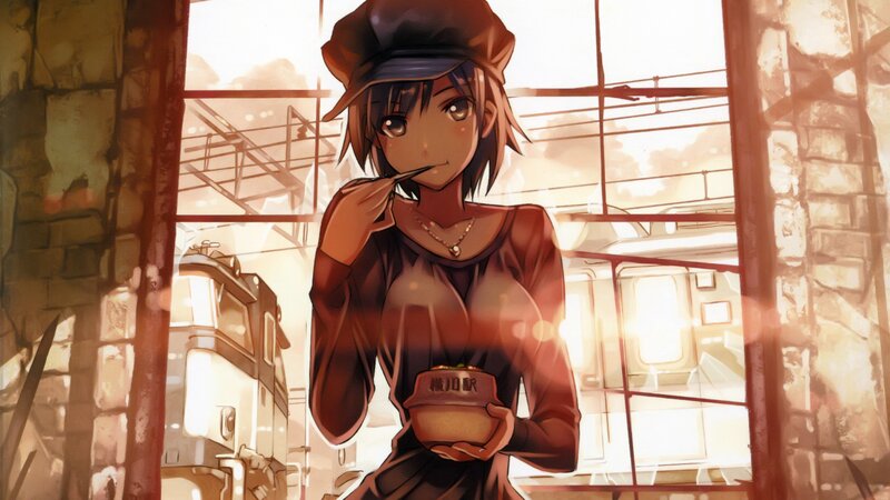 anime girl eating at train station
