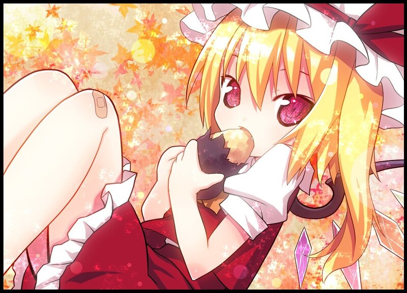 anime girl eating autumn leaves