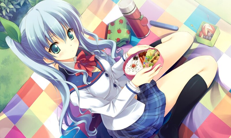 Anime Girl Eating Bento — Blue