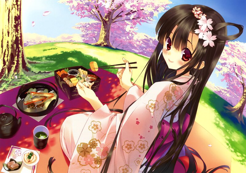 Anime Girl Eating Bento — Pink, Serene, Spring