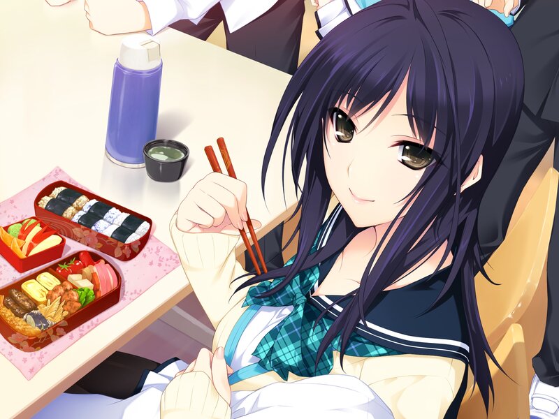 Anime Girl Eating Bento — Purple, Calm, Afternoon