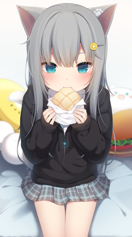 Anime Girl Eating Bread — Gray