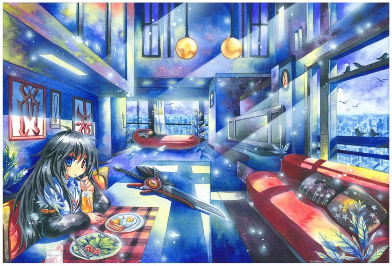 Anime Girl Eating Breakfast — Blue