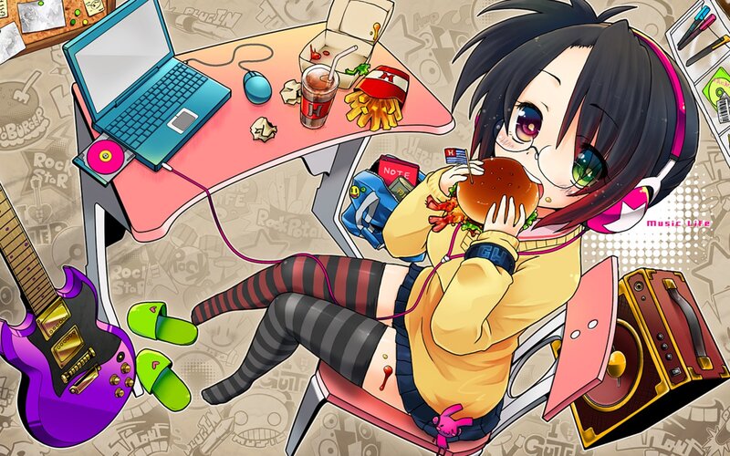 anime girl eating burger at desk