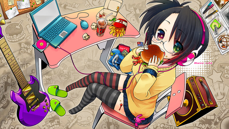 Anime girl eating burger at desk