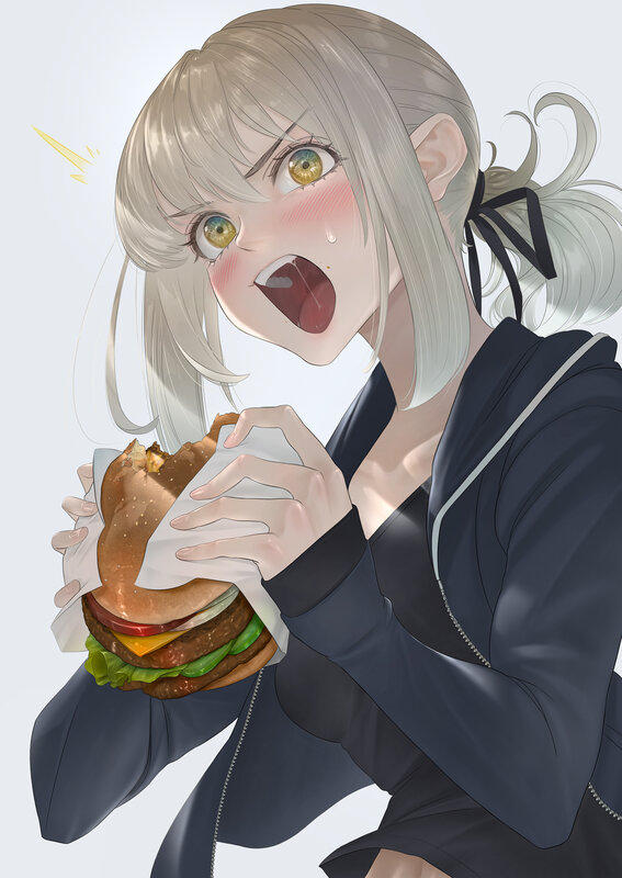 Anime Girl Eating Burger — Gray