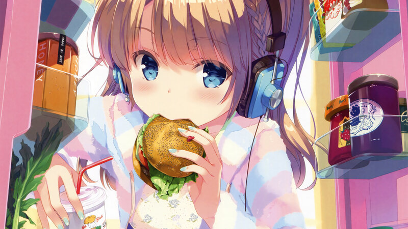 Anime Girl Eating Burger — Pink