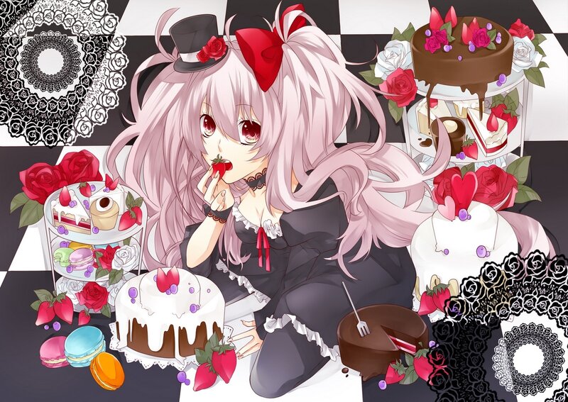 Anime Girl Eating Cake — Black, Playful