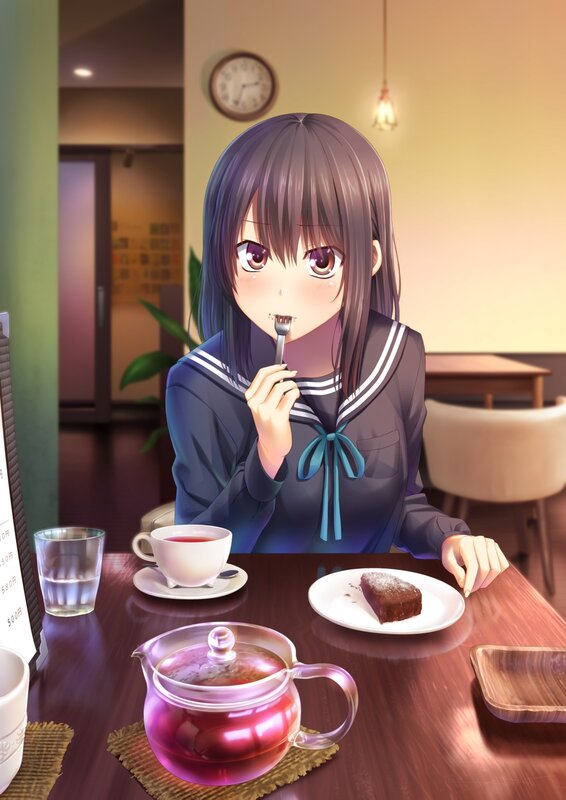 Anime Girl Eating Cake — Brown, Calm