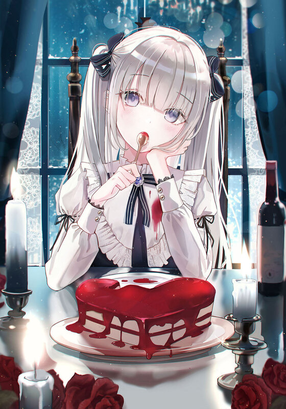 Anime Girl Eating Cake — Red, Dramatic