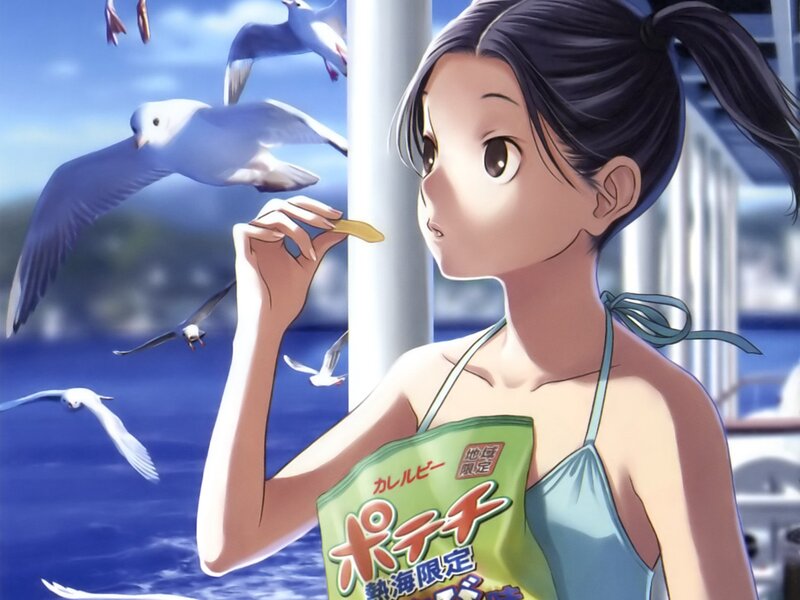 anime girl eating chips by the sea