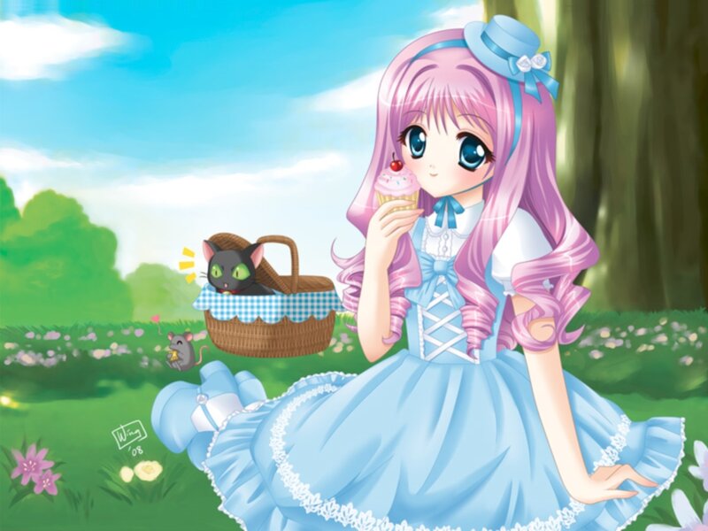 Anime Girl Eating Cupcake — Blue