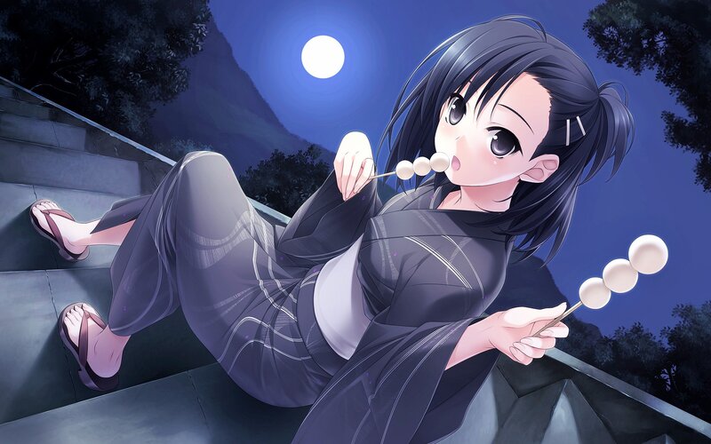 Anime girl eating dango at night