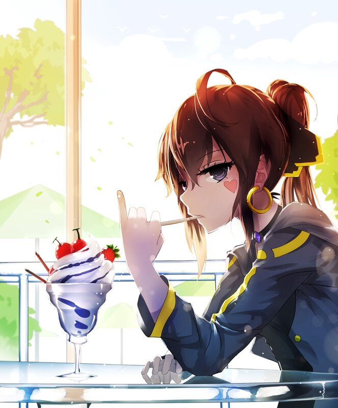 Anime Girl Eating Dessert — Blue, Calm, Afternoon, Window