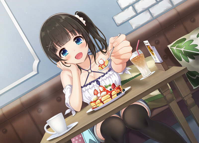 Anime Girl Eating Dessert — Brown, Calm, Afternoon, Coffee Cup