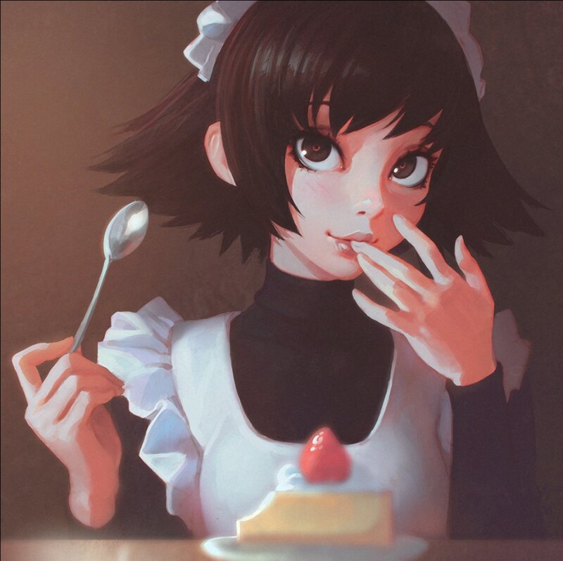 Anime Girl Eating Dessert — Brown, Calm, Digital Art