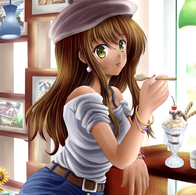 Anime Girl Eating Dessert — Brown, Calm