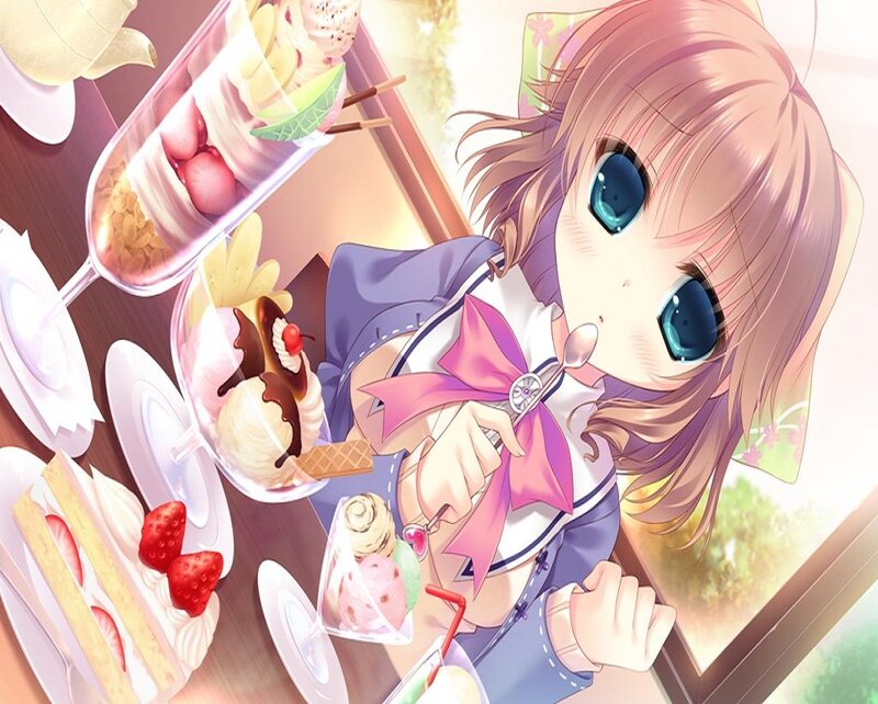 Anime Girl Eating Dessert — Pink, Calm, Afternoon