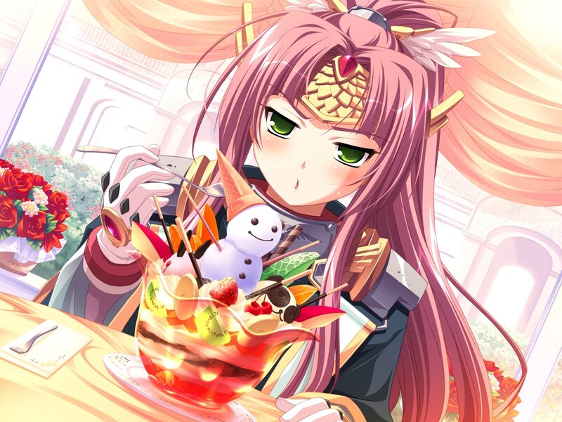 Anime Girl Eating Dessert — Pink, Cheerful, Afternoon