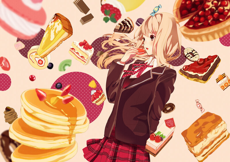 Anime Girl Eating Dessert — Pink, Playful, Digital Art